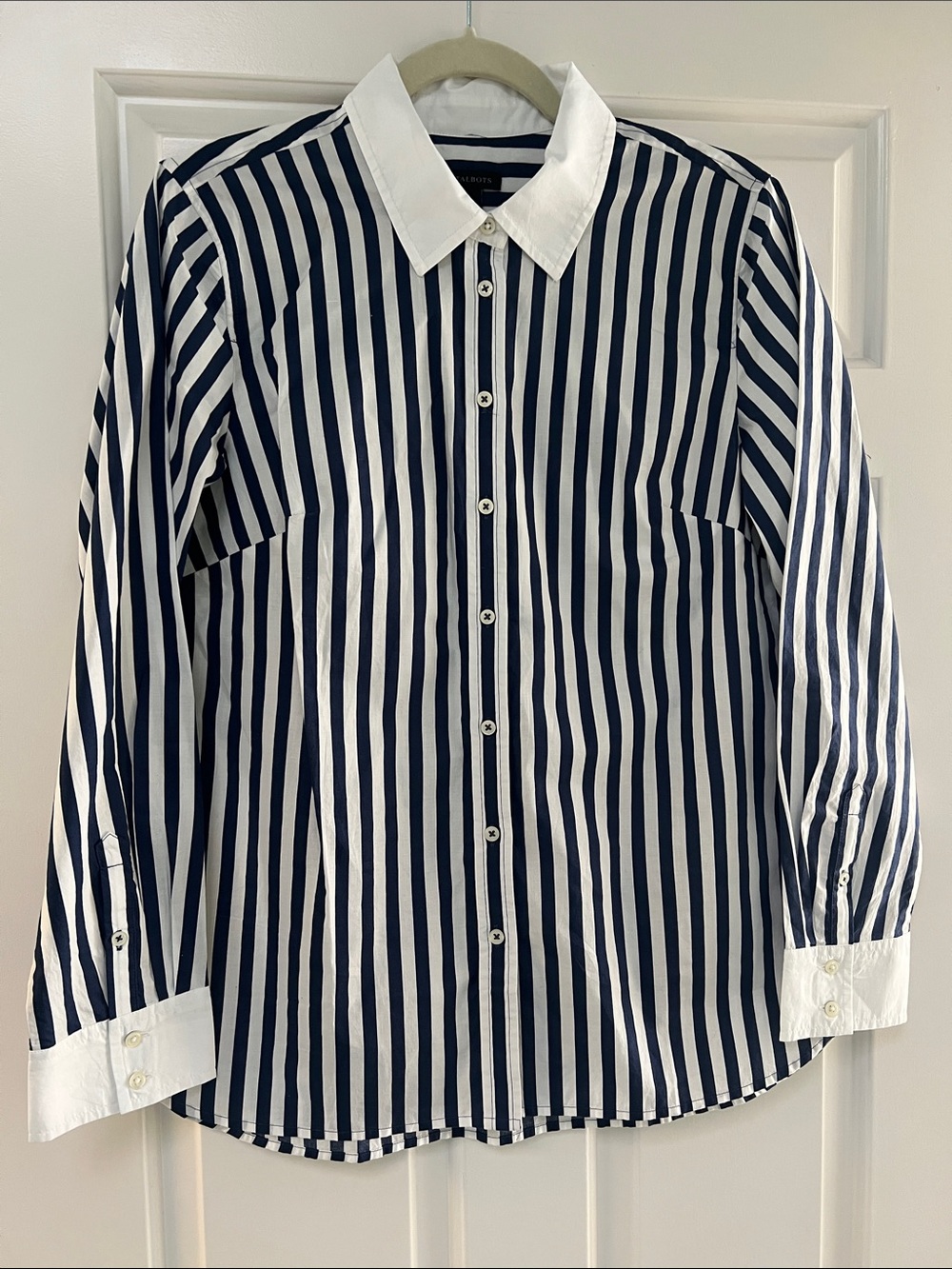 Talbots Navy and White Vertical Stripe Button-Down Blouse NWT